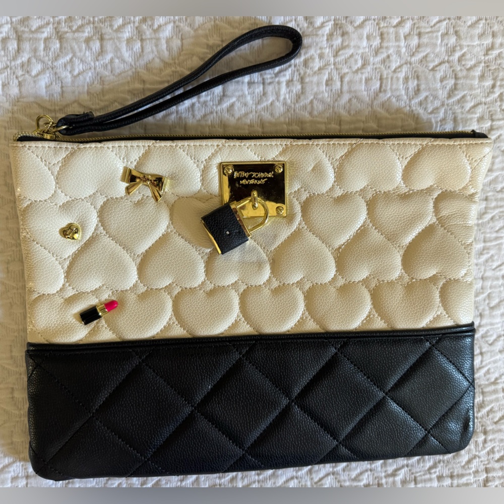 Betsey Johnson Black and Cream Quilted Wristlet Clutch